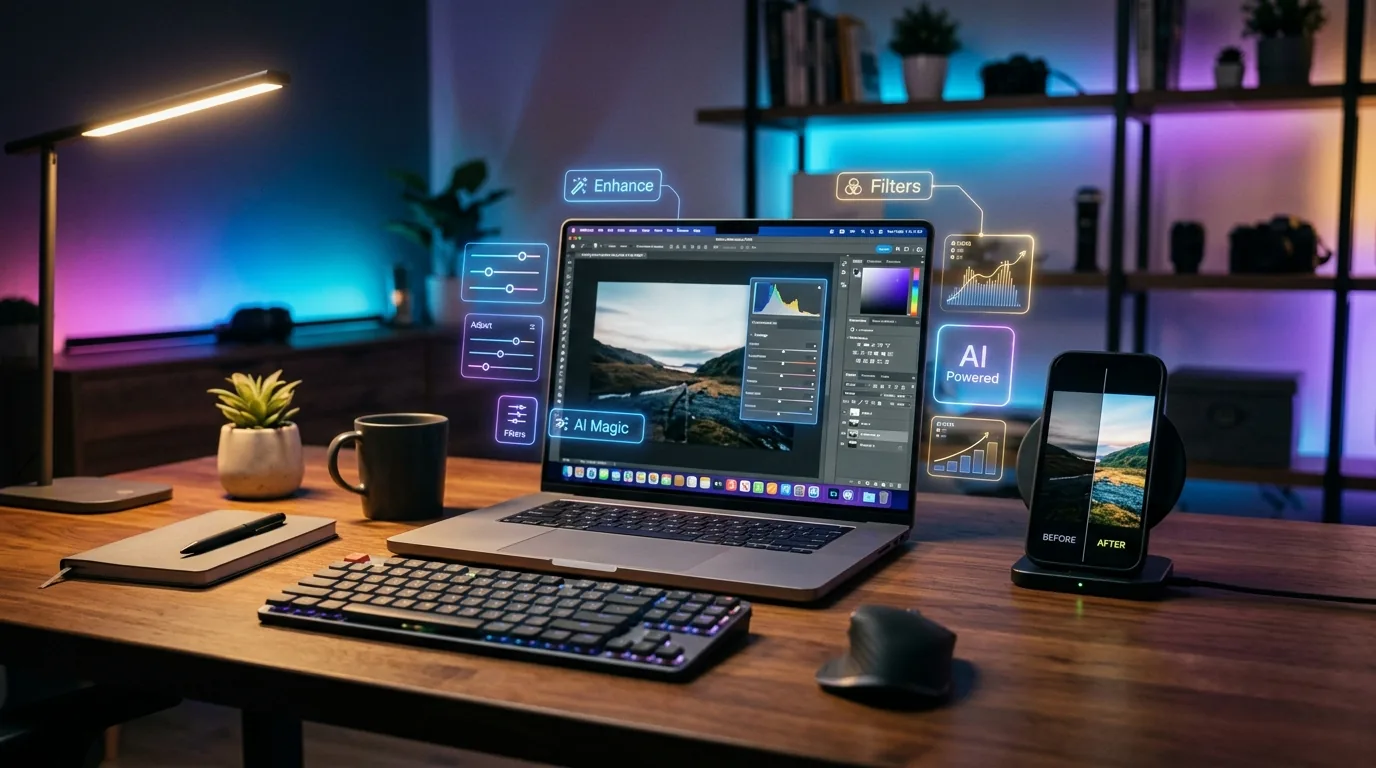 AI photo editing tools workspace showing a laptop with an AI-powered editor interface and before-and-after photo comparison for non-designers
