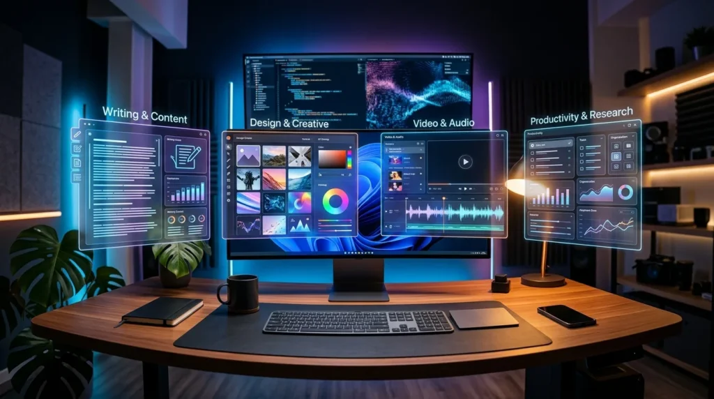 Panoramic view of multiple AI tool interfaces glowing above a modern workspace, representing the 25 best AI tools in 2026 across writing, design, video, SEO, and productivity categories
