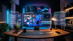 Panoramic view of multiple AI tool interfaces glowing above a modern workspace, representing the 25 best AI tools in 2026 across writing, design, video, SEO, and productivity categories