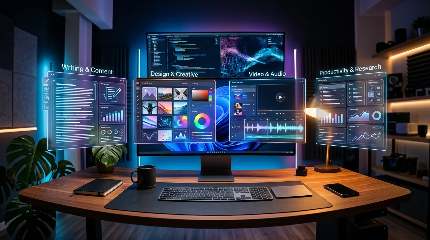 Panoramic view of multiple AI tool interfaces glowing above a modern workspace, representing the 25 best AI tools in 2026 across writing, design, video, SEO, and productivity categories