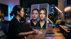 Side-by-side comparison of AI face swap technology showing seamless face transformation with realistic lighting and skin tone matching