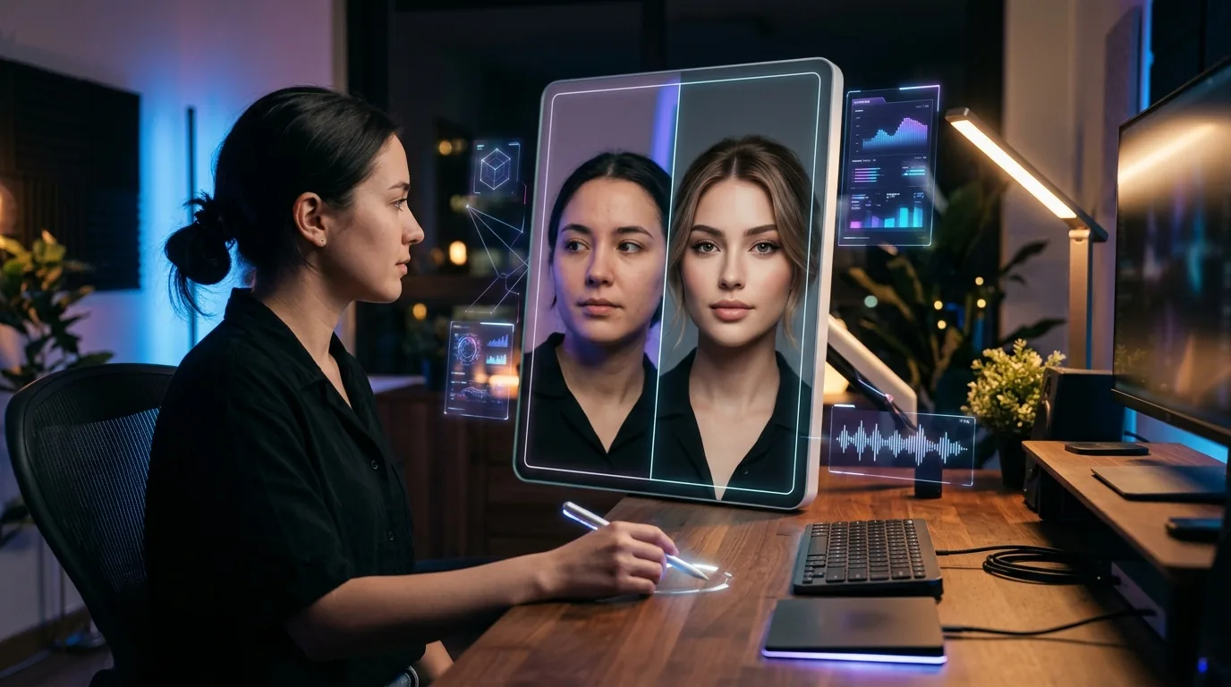 Side-by-side comparison of AI face swap technology showing seamless face transformation with realistic lighting and skin tone matching
