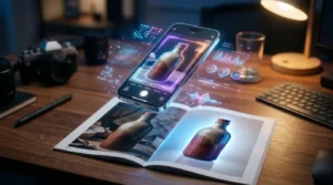 AI-powered product photo editing workflow showing background removal and lighting enhancement on a smartphone screen