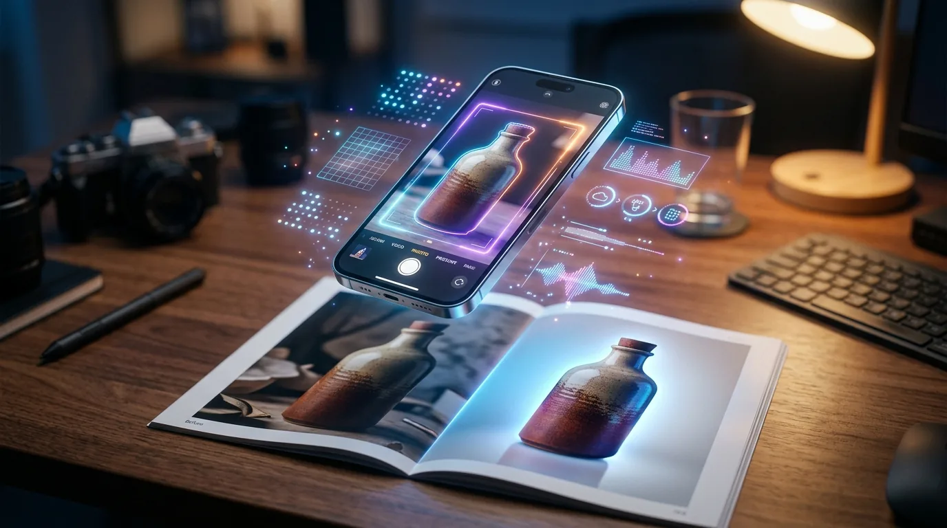 AI-powered product photo editing workflow showing background removal and lighting enhancement on a smartphone screen