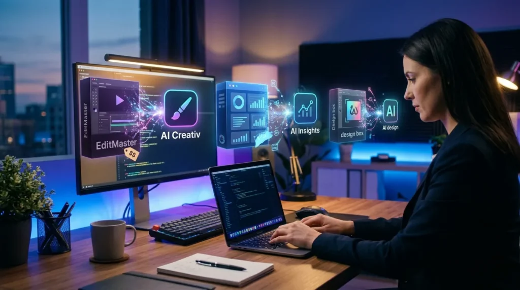 Collection of free AI tool interfaces replacing expensive software subscriptions on a modern workspace desk