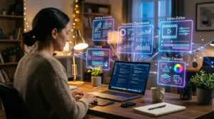 Solopreneur workspace with laptop surrounded by holographic free AI tool icons for writing, design, video, and support
